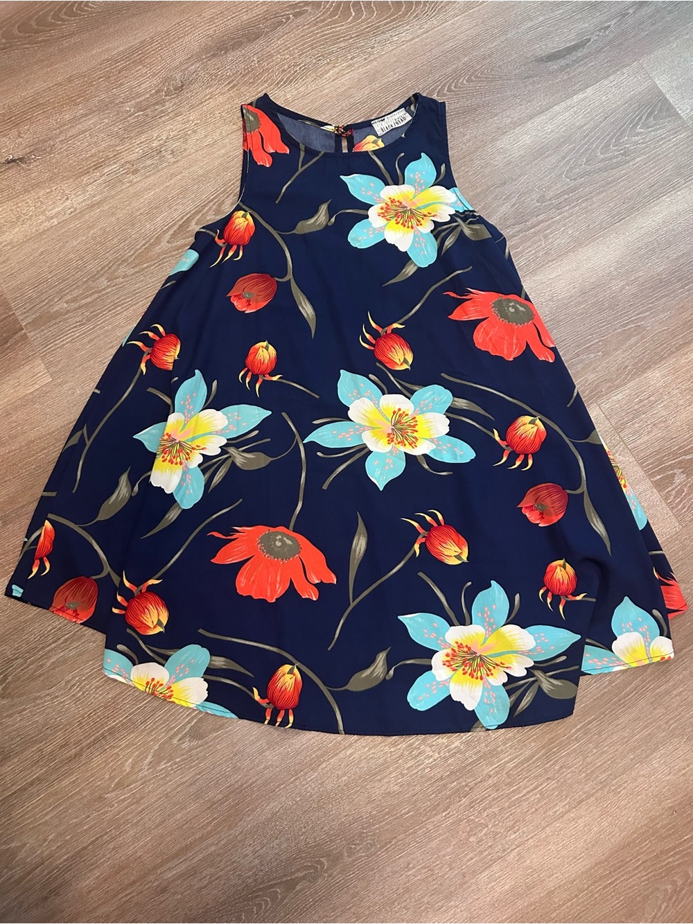 Black Bead Navy Dress with Red & Turquoise Floral Print